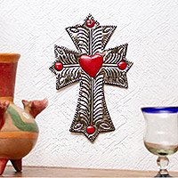 Embossed tin wall cross, 'Sacred Heart' - Embossed Metal Wall Cross