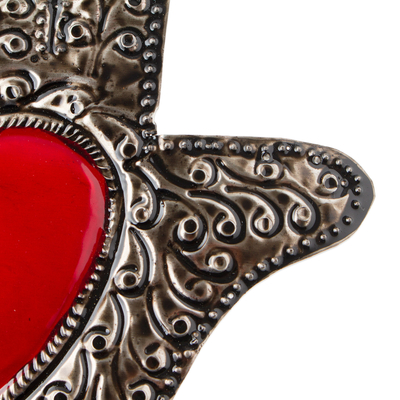Embossed tin wall accent, 'Heart in Hand' - Lacquered Embossed Tin Wall Accent