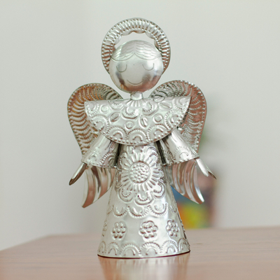 Embossed tin statuette, 'Angel of Serenity' (7 inch) - Handmade Tin Christmas Statuette (7 Inch)
