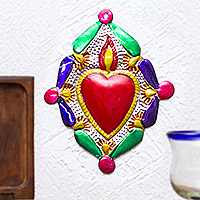 Embossed tin wall accent, 'Heart of Miracles' - Colorful Metal Wall Accent from Mexico