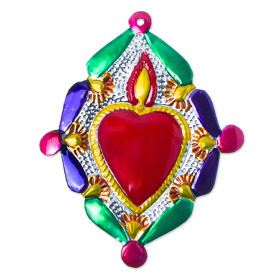Embossed tin wall accent, 'Heart of Miracles' - colourful Metal Wall Accent from Mexico