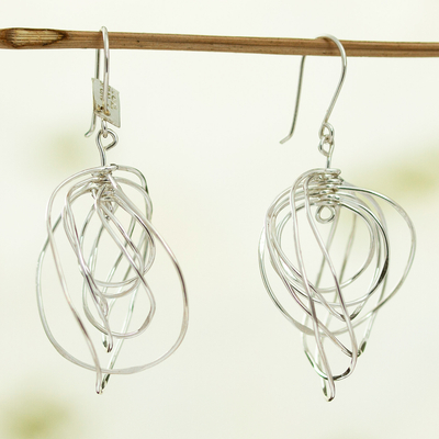 Sterling silver dangle earrings, 'Rays of Light' - Handmade Modern Sterling Silver Dangle Earrings from Mexico