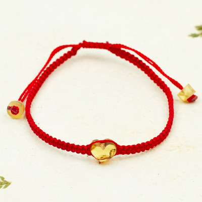 Amber and macrame bracelet, ‘Red Love’ - Red Macrame Bracelet with Amber Pendant from Mexico