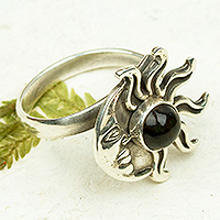Amber cocktail ring, 'Fabulous Eclipse' - Sterling Silver Amber Sun and Moon Cocktail Ring from Mexico