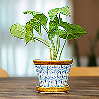 Ceramic flower pot, 'Blue Web' (4 inch) - Handcrafted Small Ceramic Planter (4 Inch)