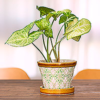 Ceramic flower pot, 'Green Courtyard' (4 inch) - Hand-Painted Ceramic Planter from Mexico (4 Inch)