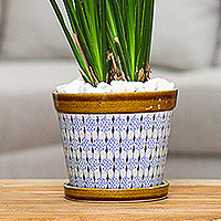Ceramic flower pot, 'Blue Web' (6 inch) - Handmade Ceramic Planter (6 Inch)