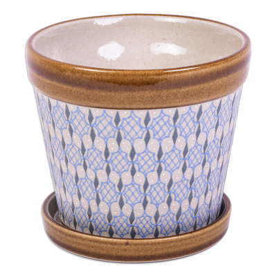Keramischer Blumentopf, 'Blue Web' - handgefertigter Keramik-Pflanzkübel