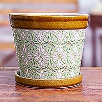 Ceramic flower pot, 'Green Courtyard' (5 inch) - Hand-Painted Green Ceramic Flower Pot (5 Inch)