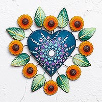 Ceramic wall accent, 'Sunflower Love' - Floral Heart Wall Accent from Mexico
