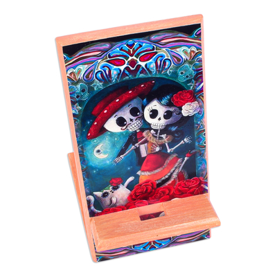 Decoupage wood phone stand, 'Catrina Romance' - Day of the Dead Themed Phone Stand