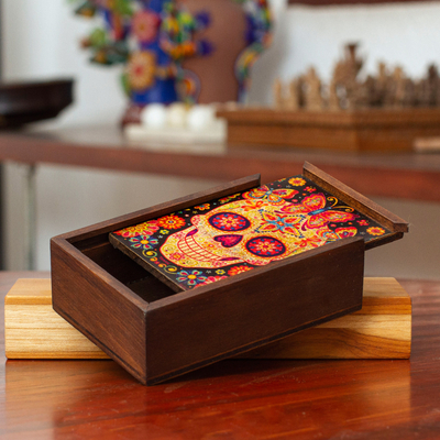Decoupage wood box, ‘Skull of the Beloved’ - Day of the Dead Mexican Wood Box with Decoupage