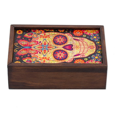 Decoupage wood box, ‘Skull of the Beloved’ - Day of the Dead Mexican Wood Box with Decoupage