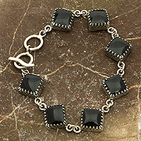 Obsidian- und Silber-Gliederarmband, „Geometrischer Obsidian“ – Obsidian- und Silber-Gliederarmband aus Mexiko