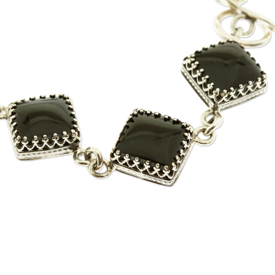 Obsidian and silver link bracelet, 'Geometric Obsidian' - Obsidian and Silver Link Bracelet from Mexico