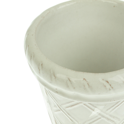 Ceramic flower pot, 'Vintage Diamonds' - Handmade Rustic Ceramic Flower Pot in White from Mexico