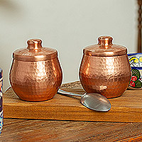 Copper sugar bowls, 'Sugar and Spice' (pair) - Hand-Hammered Copper Jars (Pair)