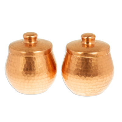 Copper sugar bowls, 'Sugar and Spice' (pair) - Hand-Hammered Copper Jars (Pair)