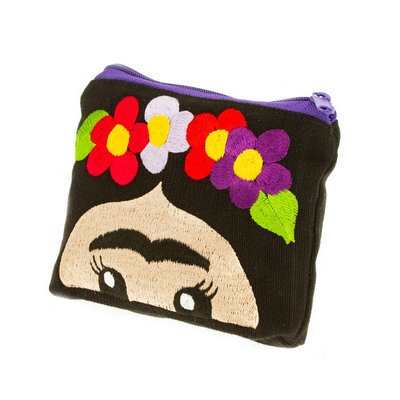 Cotton cosmetic bag, ‘Frida with Flowers’ - Hand Embroidered Cotton Cosmetic Bag from Mexico
