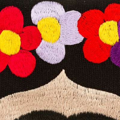 Neceser de algodón, 'Frida con Flores' - Neceser de algodón bordado a mano de México
