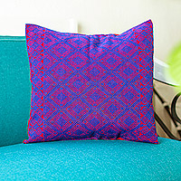Cotton cushion cover, ‘Red with Blue’ - Red and Blue Brocade Cotton Cushion Cover from Mexico