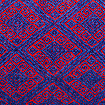 Kissenbezug aus Baumwolle, 'Rot mit Blau' - Kissenbezug aus roter und blauer Brokat-Baumwolle aus Mexiko