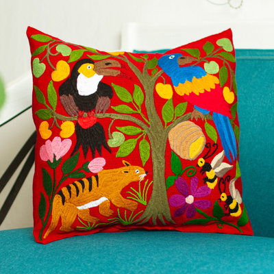 Embroidered cotton cushion cover, Jungle Fete