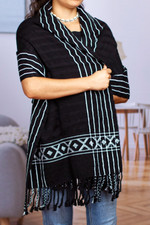 Cotton rebozo shawl, 'Narrow Night Paths' - Black & White Backstrap Woven Embroidered Rebozo Shawl