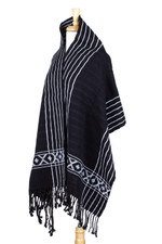 Cotton rebozo shawl, 'Narrow Night Paths' - Black & White Backstrap Woven Embroidered Rebozo Shawl