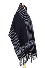 Cotton rebozo shawl, 'Narrow Night Paths' - Black & White Backstrap Woven Embroidered Rebozo Shawl
