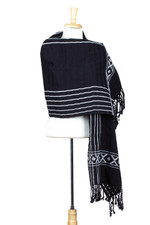 Cotton rebozo shawl, 'Narrow Night Paths' - Black & White Backstrap Woven Embroidered Rebozo Shawl