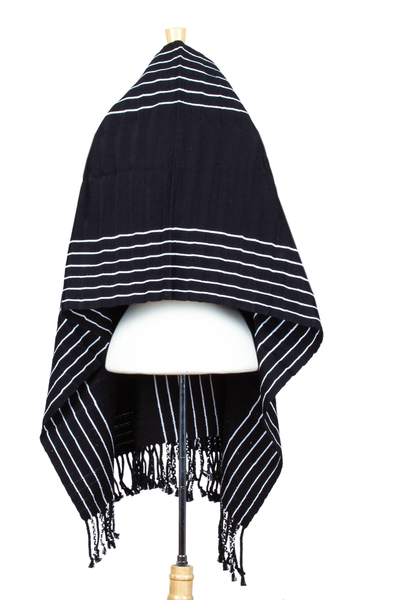 Cotton rebozo shawl, 'Narrow Night Paths' - Black & White Backstrap Woven Embroidered Rebozo Shawl