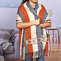 Cotton rebozo shawl, 'Ginger Spice' - Grey Ivory Orange Backstrap Woven Embroidered Rebozo Shawl