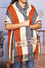 Cotton rebozo shawl, 'Ginger Spice' - Grey Ivory Orange Backstrap Woven Embroidered Rebozo Shawl