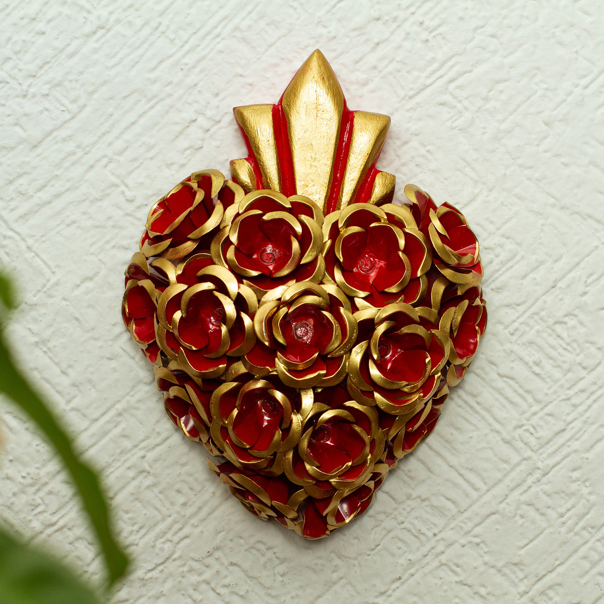 Heart-shaped and Floral Wood Wall Art with Metal Alloy Little Red Heart  NOVICA
