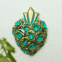 Wood wall art, 'Little Green Heart' - Heart-shaped and Floral Wood Wall Art with Metal Alloy