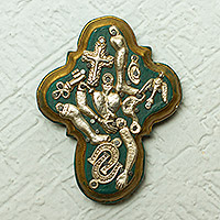 Wood wall art, 'Miraculous Green Cross' - Green Wood Cross Wall Sculpture with Milagros Charms