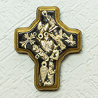 Wood wall art, 'Miraculous Midnight Cross' - Black Wood Cross Wall Sculpture with Milagros Charms