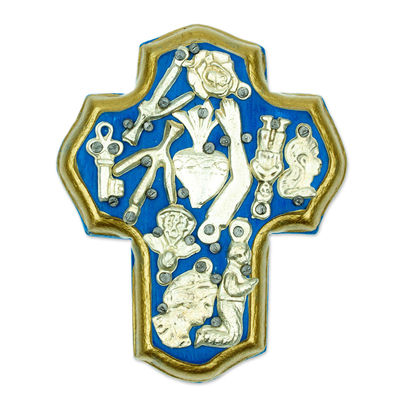 Wood wall art, 'Miraculous Blue Cross' - Blue Wood Cross Wall Sculpture with Milagros Charms