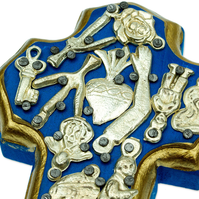 Wood wall art, 'Miraculous Blue Cross' - Blue Wood Cross Wall Sculpture with Milagros Charms