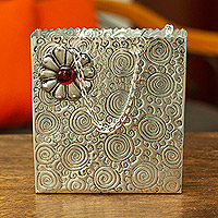 Aluminum engraved decorative bag, 'Metallic Flower in Red' - Decorative Floral Bag Made with Aluminum Engraved by Hand