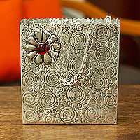 aluminium engraved decorative bag, 'Metallic Flower in Red' - Decorative Floral Bag Made with aluminium Engraved by Hand