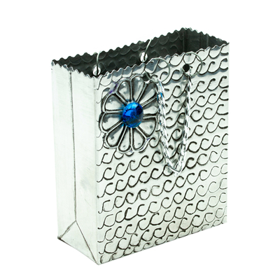Aluminum engraved decorative bag, 'Metallic Flower in Blue' - Decorative Floral Bag Made with Aluminum Engraved by Hand