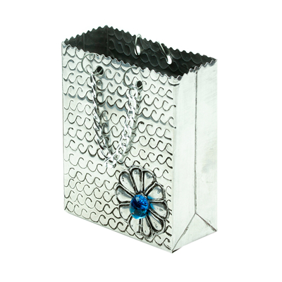 Aluminum engraved decorative bag, 'Metallic Flower in Blue' - Decorative Floral Bag Made with Aluminum Engraved by Hand