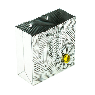 Aluminum repousse decorative box, 'Charming Yellow' - Handcrafted Aluminum Decorative Box with Flower from Mexico