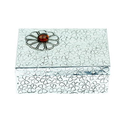 Decorative aluminum box, 'Glowing Fortune' - Decorative Aluminum Box with Red Flower Design from Mexico
