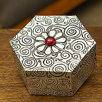 Aluminum decorative box, 'Hexagon with Flower'