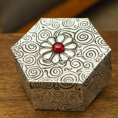 aluminium decorative box, 'Hexagon with Flower' - Hexagonal Spiral aluminium Decorative Box with Flower