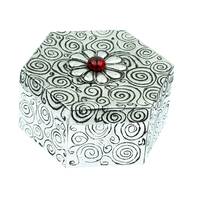 Aluminum decorative box, 'Hexagon with Flower' - Hexagonal Spiral Aluminum Decorative Box with Flower