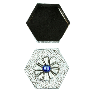 Aluminum decorative box, 'Hexagonal Blue' - Hexagonal Aluminum Decorative Box with Flower from Mexico
